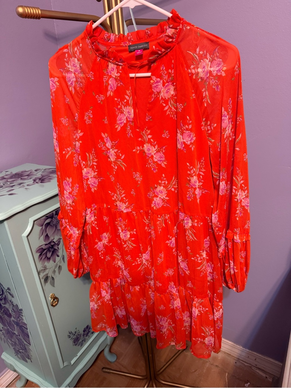 Vince Camuto Coral Orange Floral Ruffled Neck Blouse